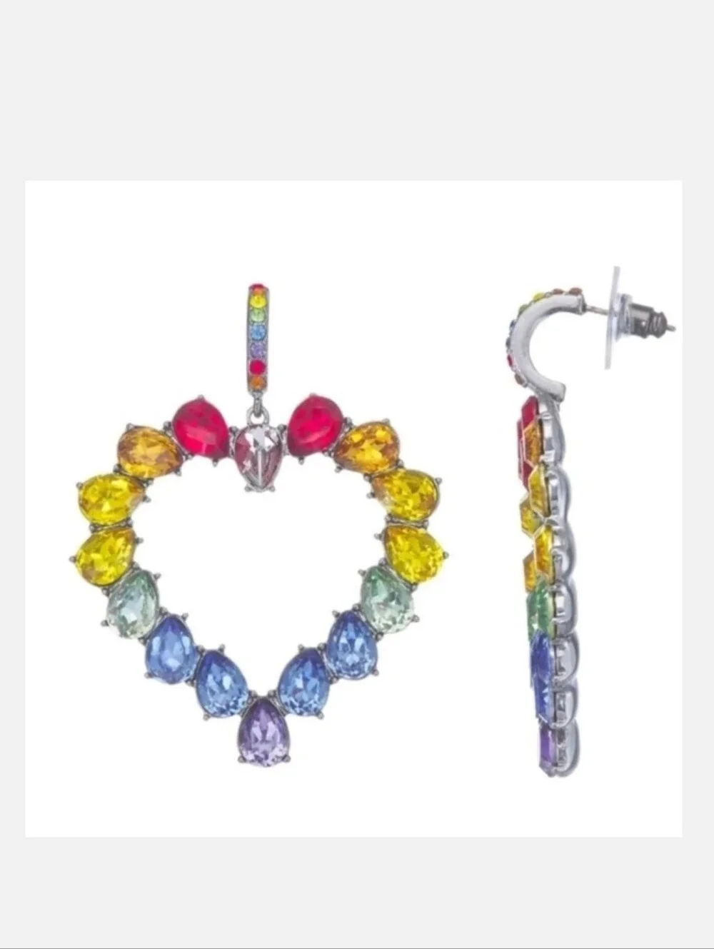 Simply Vera Vera Wang Pewter Tone Rainbow Crystal Hoop Heart Earrings Gift NWT